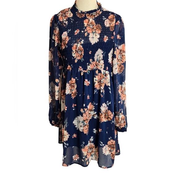 As U Wish Blue Floral Long Sleeve Babydoll Mini Dress - Picture 1 of 7